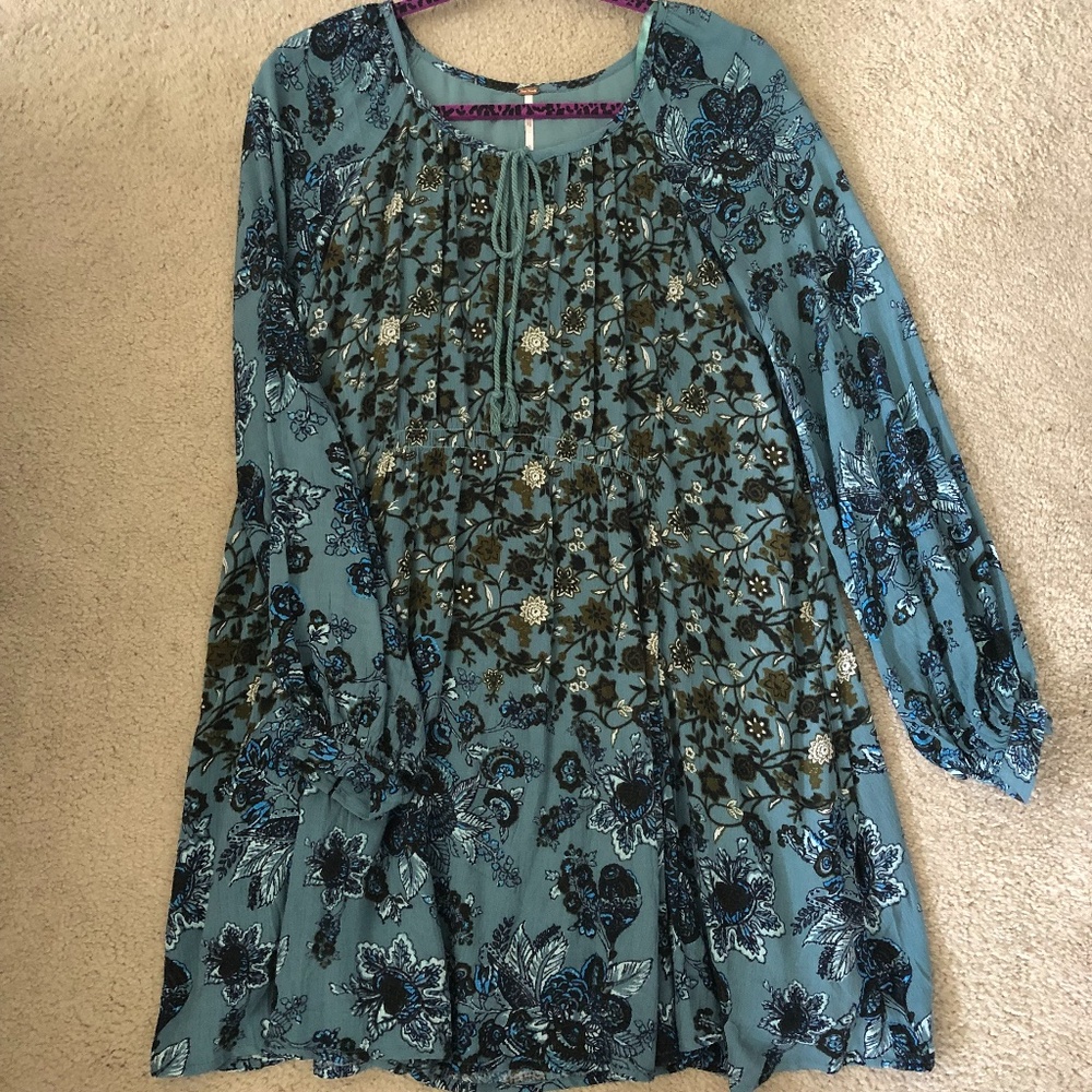 VINTAGE FREE PEOPLE TUNIC, FLORAL GREEN/BLUE PRINT